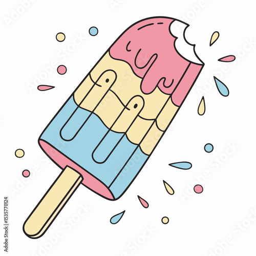 Colorful ice cream popsicle with a bite taken against a white background  