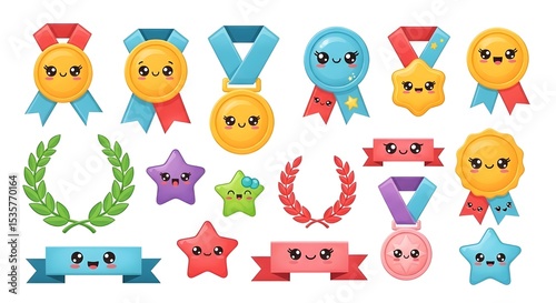 Cute Cartoon Medals, Stars and Laurels Set | Kawaii Style Awards and Achievement Emblems for Children's Design and Educational Materials