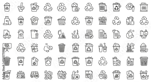 Waste and garbage line icon set. Waste sorting, recycling, plastic, glass, pollution and more. Outline icon in linear style. Vector collection, in black and white design

