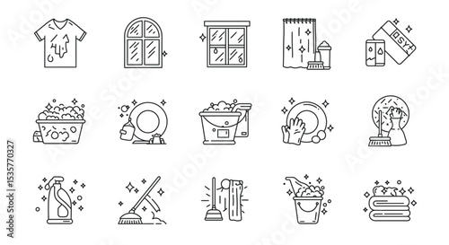 Set of line icons in linear style. Series - Home cleaning.Clean up the house. Washing floors, windows, dishes, clothes and linen.Sweeping the floor and wiping dust. Outline icon collection. Pictogram 