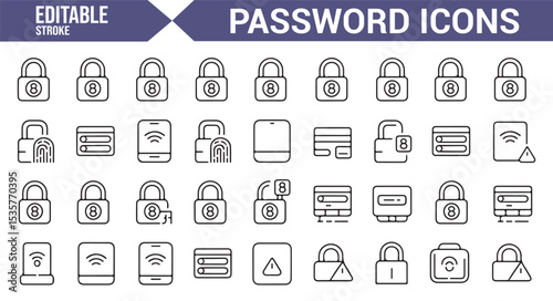 Vector icons for digital security, authentication, and network protection, editable style.