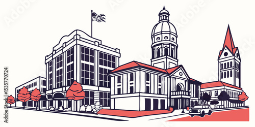 McKinney vector skyline silhouette with historic downtown square, civic buildings, and suburban homes. 