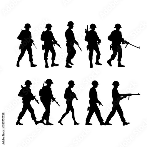 Soldier silhouettes vector – military figures, armed forces, weapons, army personnel, tactical troops, rifle, combat action, black silhouette, infantry men, gun, army patrol, armed men illustration