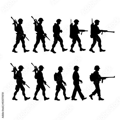Soldier silhouettes vector – military figures, armed forces, weapons, army personnel, tactical troops, rifle, combat action, black silhouette, infantry men, gun, army patrol, armed men illustration