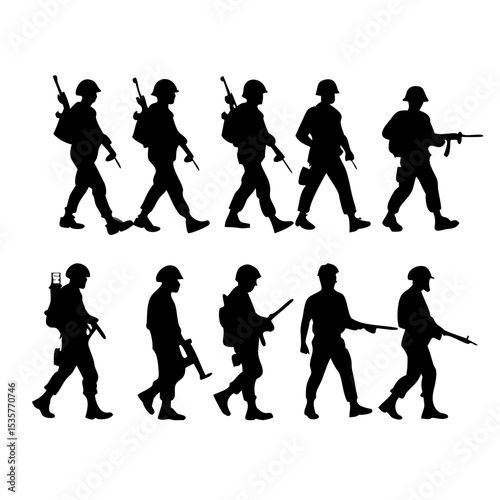Soldier silhouettes vector – military figures, armed forces, weapons, army personnel, tactical troops, rifle, combat action, black silhouette, infantry men, gun, army patrol, armed men illustration