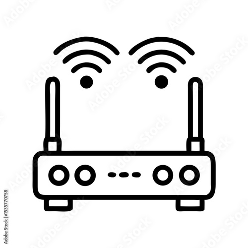 WiFi router icon – wireless, black line art, internet, modem, signal waves, connectivity, home network, antenna, LAN, broadband, online access, digital, router vector, signal icon