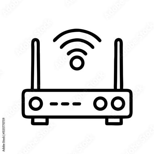 WiFi router icon – wireless, black line art, internet, modem, signal waves, connectivity, home network, antenna, LAN, broadband, online access, digital, router vector, signal icon