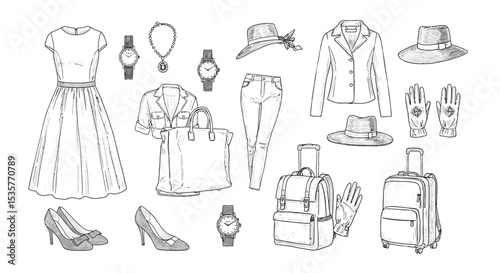 clothing, fashion, garment, accessories, handbag, shoes, hat, dress, skirt, shirt, jacket, pants, swimwear, underwear, necklace, bracelet, ring, watch, tie, gloves, umbrella, backpack, suitcase vector