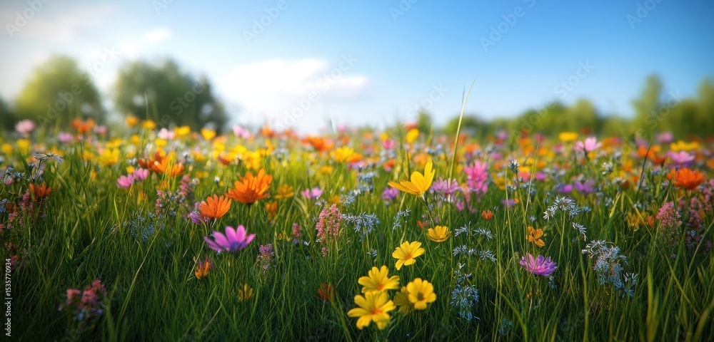 Fototapeta premium An ultra realistic scene depicting wildflowers and biodiversity in untouched meadows in a natural environment.