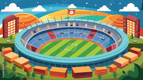 Illustrated Outdoor Stadium Surrounded by Buildings, Mountains, Clouds, and Trees in a Colorful Landscape