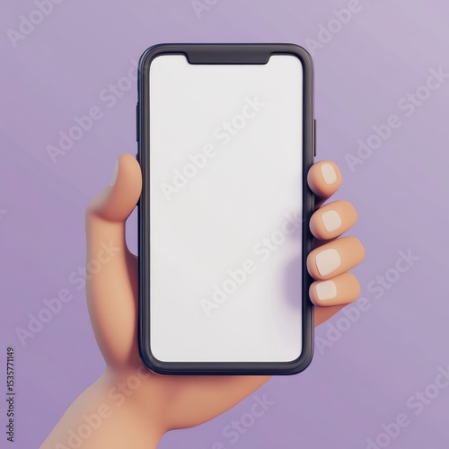 3D cartoon render of a hand holding a smartphone with a blank white screen, against a purple background