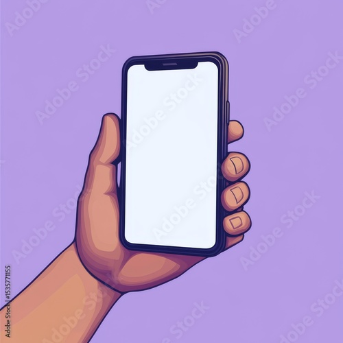 3D cartoon render of a hand holding a smartphone with a blank white screen, against a purple background