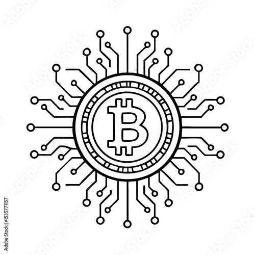 Bitcoin Circuit Icon – Digital Cryptocurrency Symbol with Blockchain Network Design