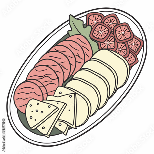 Colorful platter of sliced meats and cheeses with cherry tomatoes  