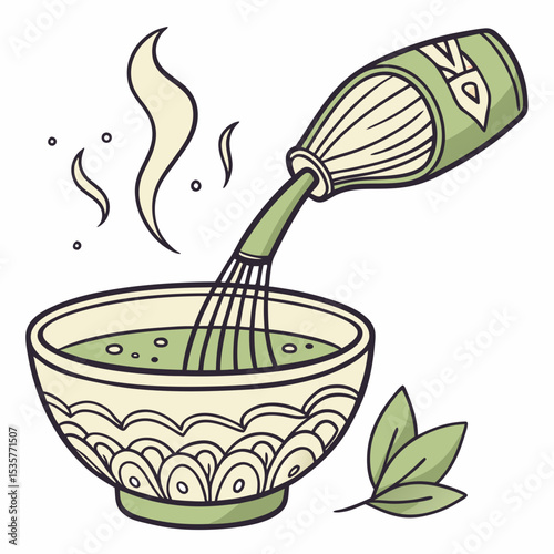 Matcha tea being whisked in a bowl with steam and green leaf  
