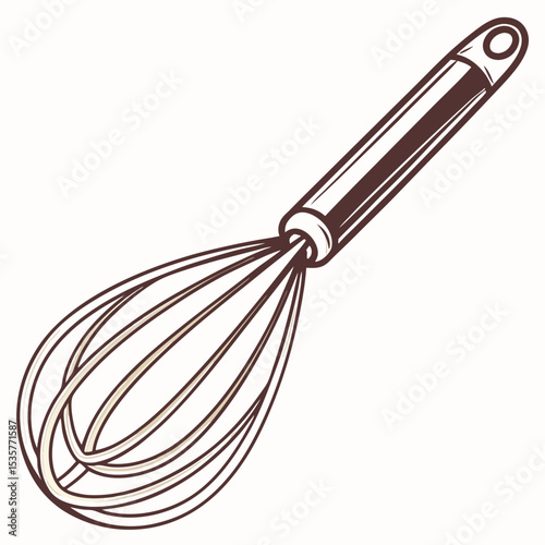 Kitchen whisk with metal wires and handle in minimalist style  