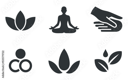 Set of Vector Icons Related to Spa Wellness Meditation Yoga Natural Cosmetics and Holistic Health Featuring Lotus Meditating Person and Massage Hands