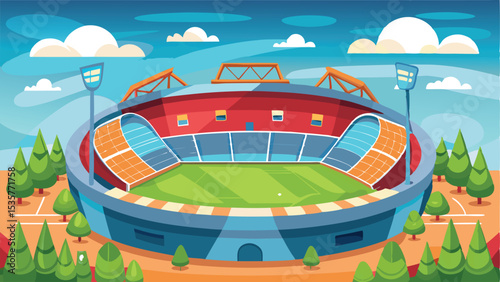 Illustrated Football Stadium with Green Field, Seats, Clouds, and Trees Landscape View