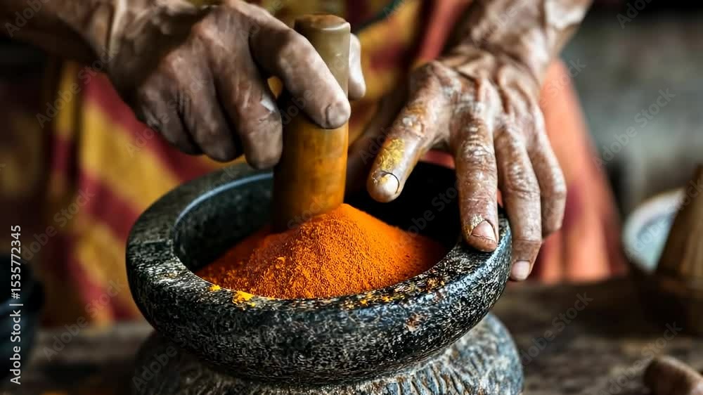 Hands grinding spice in a mortar