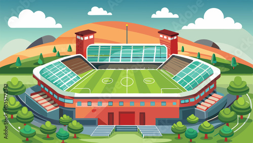 Cartoon Illustration of a Large Outdoor Stadium with a Green Field and Landscape