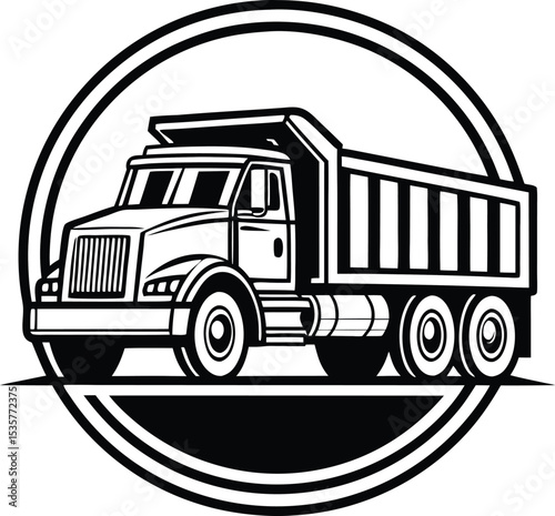 Monochromatic Dump Truck Illustration in a Bold Circular Emblem Design Depicting Heavy Duty Transportation and Construction Vehicles with Clean Lines and Striking Contrast Suitable for Logos