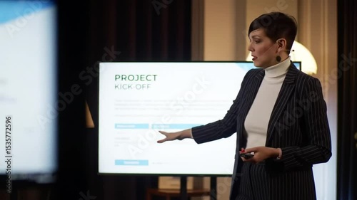 Confident Project Manager Leading a Project Kick-Off Meeting with Presentation