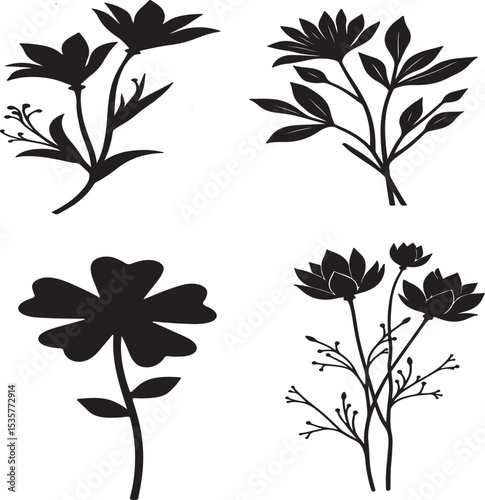 flower silhouette illustration in a vector style against a pure white background, with bold black outlines defining the delicate petals and stems, and subtle texture added to give the image a sense of