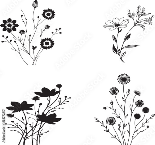 flower silhouette illustration in a vector style against a pure white background, with bold black outlines defining the delicate petals and stems, and subtle texture added to give the image a sense of