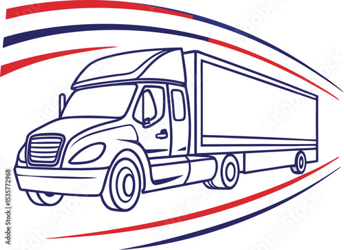 Semi Truck Delivery Vehicle with Patriotic Style Racing Stripes for Transporting Cargo and Making Deliveries on the Road