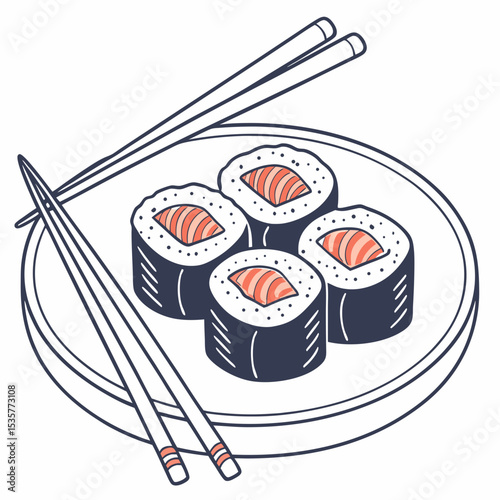 Sushi rolls arranged on a plate with chopsticks for dining  