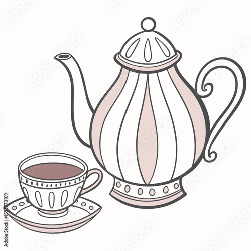 Vintage teapot and cup with saucer in pastel colors  