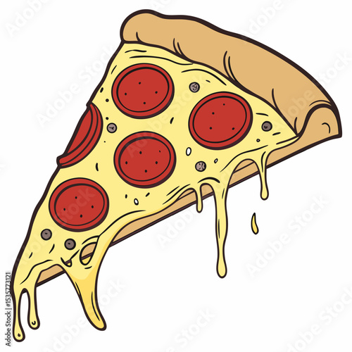 Pepperoni pizza slice with melted cheese in colorful illustration  