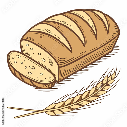 Freshly baked bread loaf with wheat spike illustration  