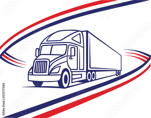 Trucking Company Logo with American Colors Red White and Blue Semi Truck Line Art Minimalist Patriotic Design for Logistics Business