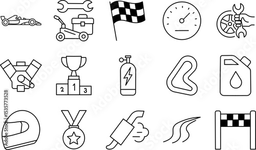Race Track and Motorsports Stroke Icon Collection. Featuring Flags, Helmets, Speed, Fuel, and More Symbols. Editable Outline Icon Set.
