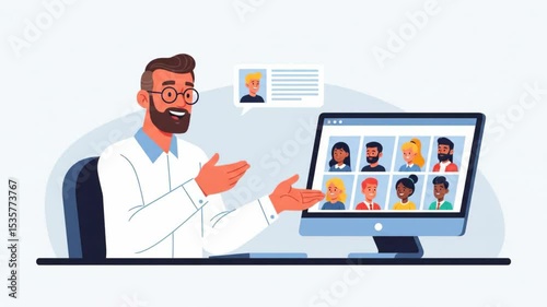 A male manager leads a team video conference call from his desk, corporate Memphis and flat design.