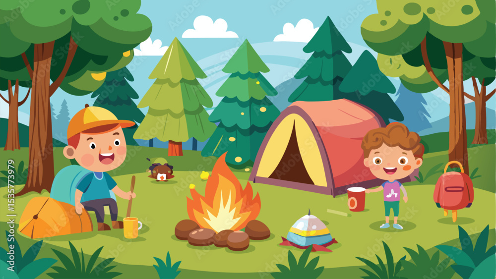 Naklejka premium Cartoon Camping Adventure Kids, Tent, Campfire, Backpack, Trees, and Outdoor Fun Illustration