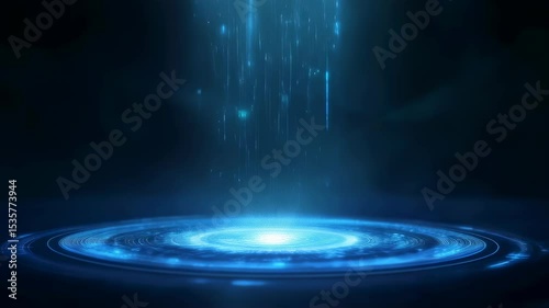 Futuristic blue light beam descending onto glowing circle with particles