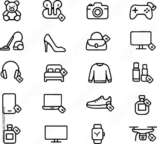 E-commerce  And Shopping Product Icons with Price Tags - Retail Line Art Collection.