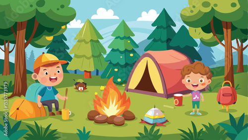 Cartoon Camping Adventure Kids, Tent, Campfire, Backpack, Trees, and Outdoor Fun Illustration