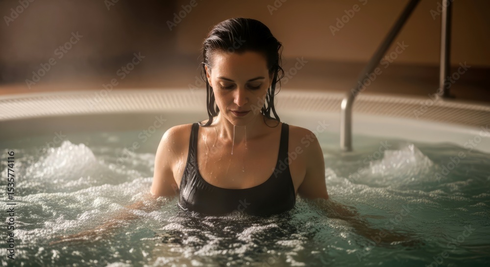 Fototapeta premium Woman in a black swimsuit relaxing in a steamy hot tub. Spa, wellness and relaxation concept. Bathing at a resort.
