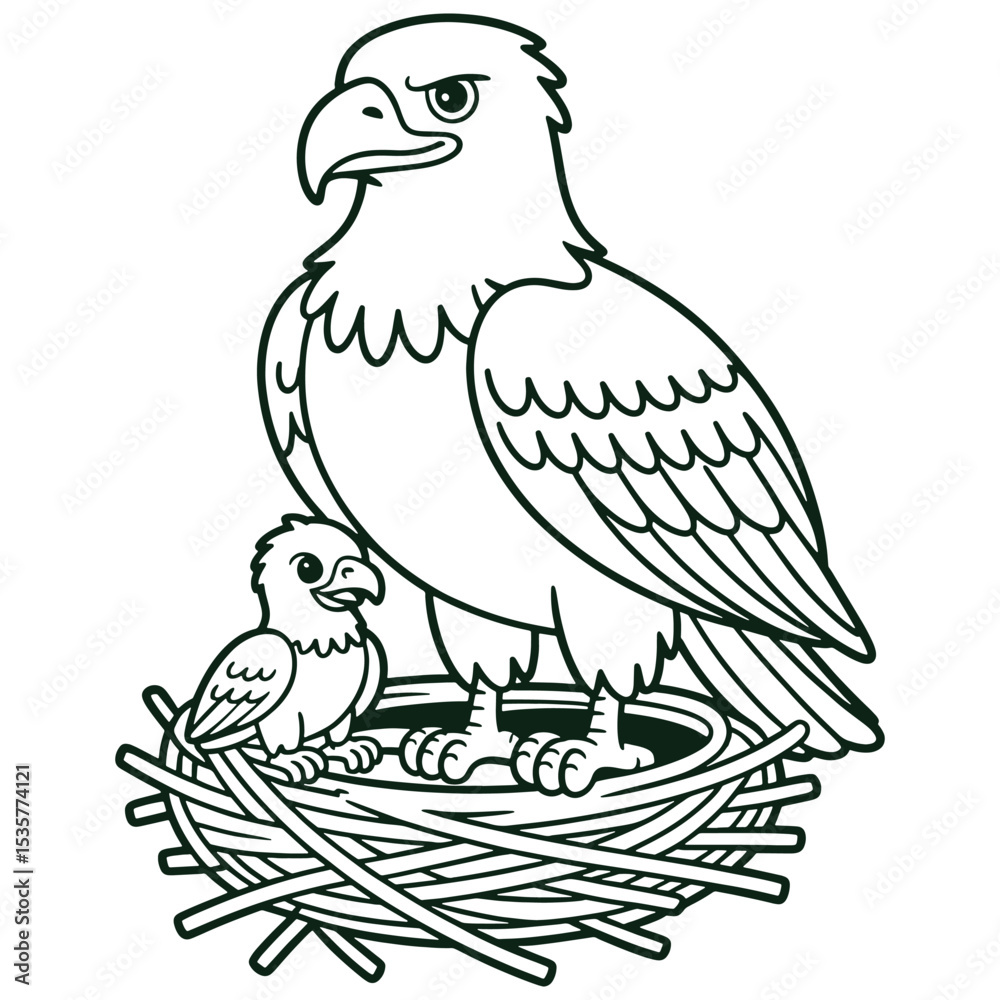 Obraz premium Eagle and Baby in Nest Coloring Page Cartoon Bird Line Art Illustration for Kids