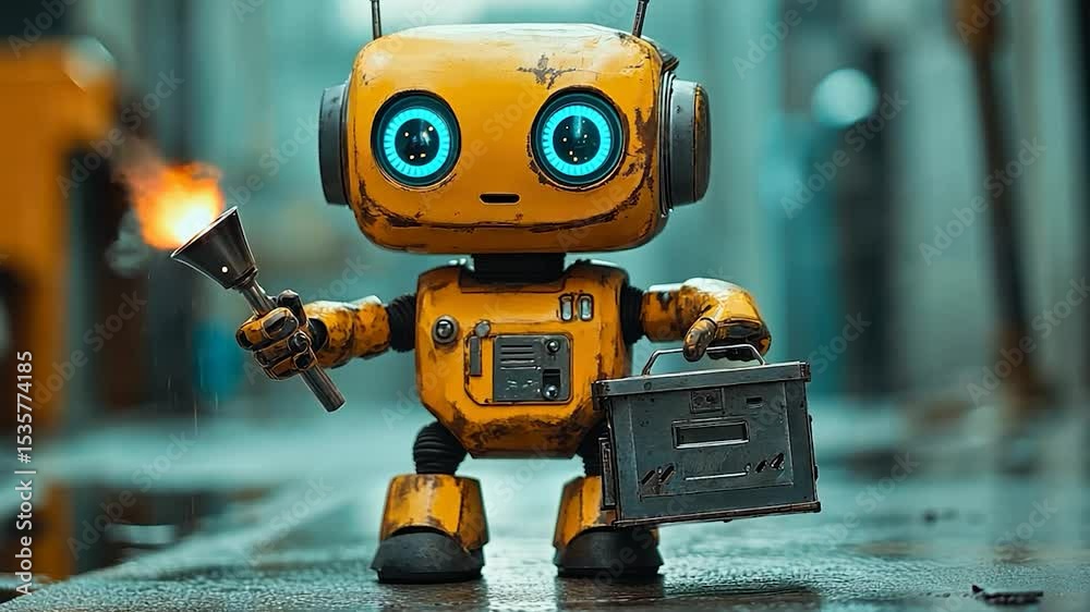 Rusty Yellow Robot With Torch And Toolbox In Rainy City Rusty Yellow Robot With Torch And Toolbox In Rainy City
