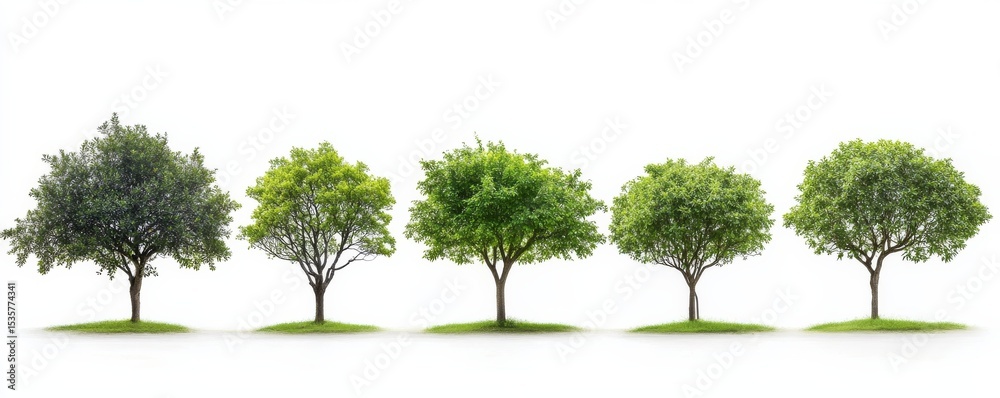 Fototapeta premium Five Green Trees on White Background, Greenery, Nature ,Tree growth