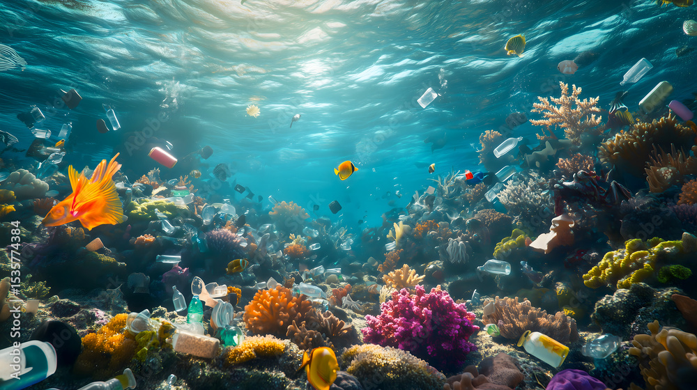 Naklejka premium coral reef destroyed by plastic pollution, with vibrant marine life struggling among discarded plastic bottles and bags