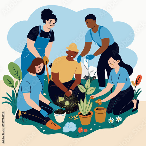 A diverse group of people volunteering at a community garden, planting flowers and vegetables together. The scene is filled with greenery, soil, and gardening tools. The lighting is bright and natural