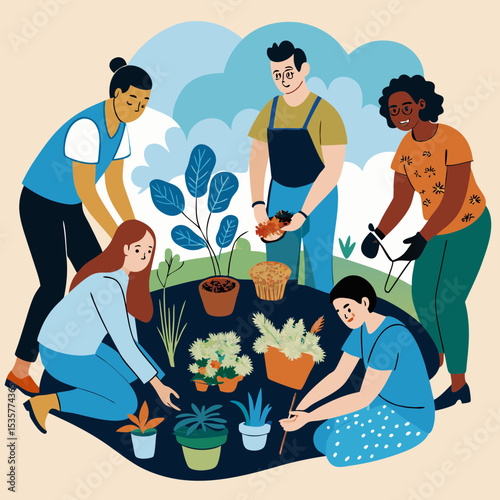 A diverse group of people volunteering at a community garden, planting flowers and vegetables together. The scene is filled with greenery, soil, and gardening tools. The lighting is bright and natural