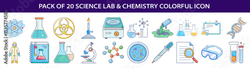 A colorful set of science lab and chemistry icons representing experiments