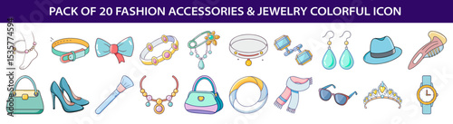 Colorful fashion accessories and jewelry icons collection for design and presentations