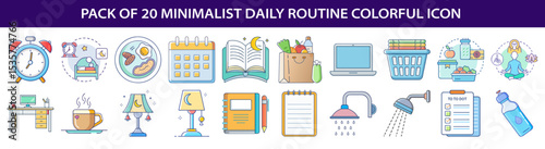 Collection of Daily Routine Minimalist Colorful Icons with Activities and Objects